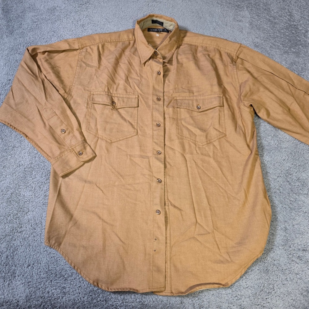 America Perry Ellis Mens Medium Button Down Shirt Tan Cotton Twill Workwear Long